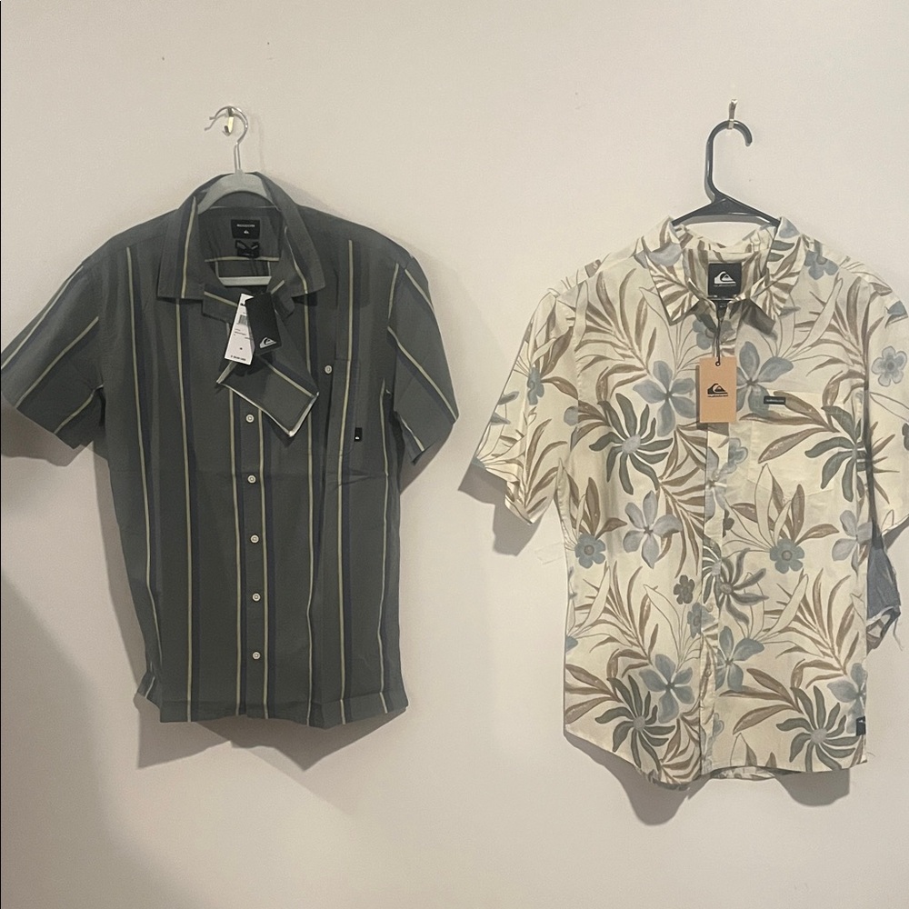 Quiksilver Men's Black and Cream Floral and Striped Shirts